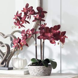 Decorative Flowers Potted Silk Faux Artificial Flower Arrangement Realistic Red Orchid In Crackle Gray Vase For Home Decoration 24" High