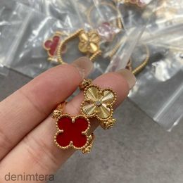 Vintage Band Rings Copper Dual Side Gold Red Four Leaf Clover Flower Charm Ring for Women Jewellery with Box Party Gift DV4D