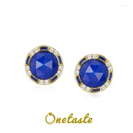 Stud Earrings Natural Lapis Lazuli 925 Silver Gold Plated Zircon Round For Women Minimalism Simple Blue Stone Chic Earring 2024