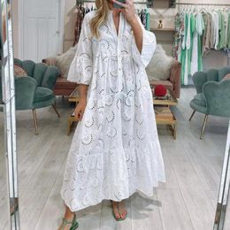 Casual Dresses Women Maxi Dress Embroidered Lace Elegant V-neck Flared Sleeves Floral Buttons Lady Long