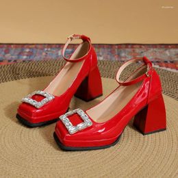 Dress Shoes 2024 Rhinestone Red High Heels Women's Square Toe Thick Mary Janes Woman Leather Zapatos Para Mujeres