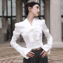 Women's Blouses Slim Fit Notched Pullover Long Sleeve Shirts Bow Solid White Suit Autumn And Winter Cinch In The Waist Woman Clothing