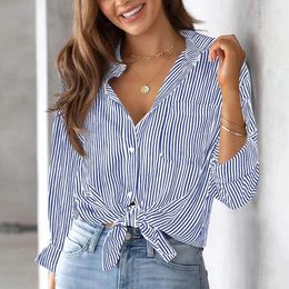 Women's Blouses Fashion Clothing Long Sleeve Shirt Business Style Office Ladies Blue Stripe Printed Button Top Woman Casual Wear Blouse