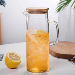 1.5L Glass Water Pot Cold Water Bottle Handle Water Kettle with Bamboo Lid Heat Resistant Juice Teapot Pitcher Water Jug Kettle 240123