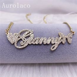 Necklaces AurolaCo Custom Name Necklace with Diamond Custom Bling Name Necklace with Heart Custome Cuban Necklace For Women Holiday Gifts