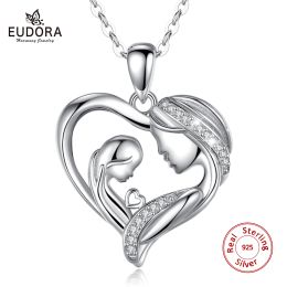 Pendants EUDORA 100% 925 Sterling Silver Popular Mother and Daughter Heart necklace with Crystal CZ Necklace Mother's birthday Gifts D584