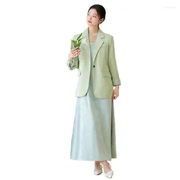 Work Dresses Elegant Women Long Set 2024 Spring Sleeve Blazer Spaghetti Strap Print Maxi Dress Suit Female Two Piece