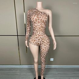 Stage Wear Single Sleeve Leopard Jumpsuit Singer Dancer Performance Stretch Gogo Dance Clothing Nightclub Rave Outfit VDB7356