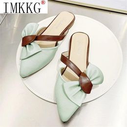 Slippers 2024 Female Fashion Pointed Toe Light Weight Slip On Flat Shoes Zapatos De Mujer Women Casual Beige Summer Bowtie Slides