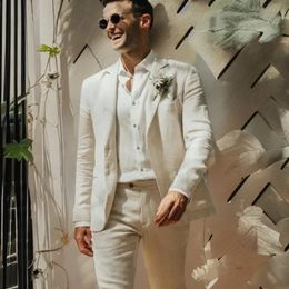 Linen Wedding Suits for Men Garden Summer Groom Tuxedo Notch Lapel Prom Blazer 2 Piece Set Jacket Pants 240126