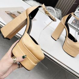 Sandals Elegant Women Super High Heels Platform Satin Shoes Sexy Square Toe Thick Sole Block Crystal Ankle Strap