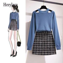 Work Dresses Korean Style Women 2 Piece Outfits Knitted Sweater Plaid Mini Skirt Set Casual Elegant Ladies Fall Winter