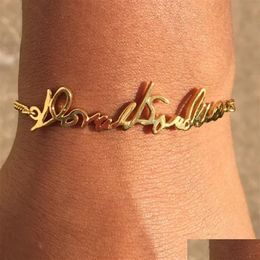 Bangle Bracelets Personalised Signature Custom Handwritten Name Stainless Steel Handmade Pendant For Women Gift Drop Delivery Jewellery Dh1Vq
