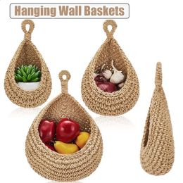 Handwoven Wall Storage Baskets Hanging Organiser Rope Crochet Fruit Bag Portable Rattan Kitchen Vegetable Container 240125