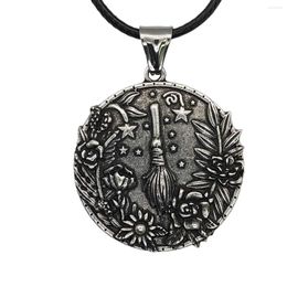 Chains Vintage Witch's Broom And Flowers Wicca Pendant Necklace Fashion Jewellery For Men Women