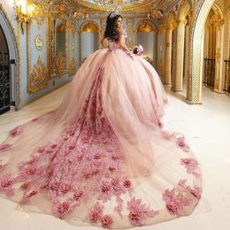 Luxury Pink Quinceanera Dress 2024 Appliques Beads Princess Ball Gowns Tulle 15 Vestidos Birthday Party Prom Dresses