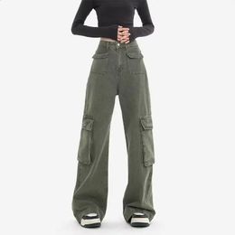 2023 Autumn Winter Woman Cargo Jeans American High Street Straight Barrel Women's Pants Army Green Ladies High Waist Jeans 240124