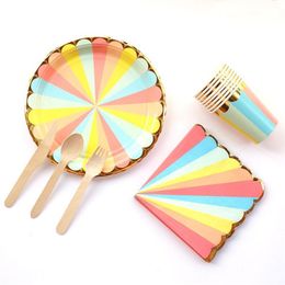 57Pcs set Disposable Tableware Rainbow Paper Party Cup Plate Straw Party Tableware Wedding Decor Birthday Party Supplies228t