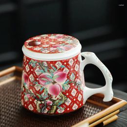 Mugs Chinese Style Retro Ceramic Tea Cup With Infuser And Lid Red Yellow Large Coffee Mug Luxury Office Business Water Cups