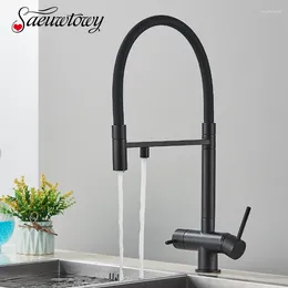 Kitchen Faucets Filtered Water Faucet Dual Handle Deck Mount Brass Taps Drinking Mixer Tap Rotate Pull Down Flexible Pipe