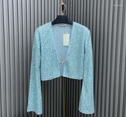 Women's Knits 2024 Summer And Autumn Clothing Bell Sleeve Sequin Metal Buckle Knitted Cardigan 0814
