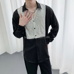 2024 Spring Dark Sequin Shirts Men Loose Long Sleeved Casual Shirt Banquet Stage Performance Costumes Social Party Tuxedo Blouse