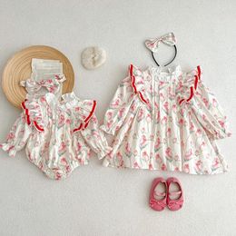 Girl Dresses 2024 Twin Sister Matching Wear For Baby Girls Infants Floral Dress Toddler Cotton Romper Children Korean Trendy Outfit