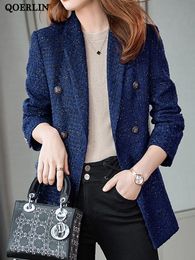QOERLIN Women Winter Tweed Blazer Coat Thick Warm Nothced Collar Long Sleeve Slim Elegant Jacket DoubleBreasted Overcoat 240202