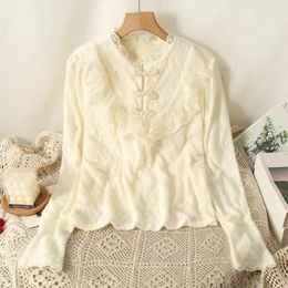 Women's Blouses Autumn Fashion Women Blouse Arrival Stand Collar Flounced Edge Lace Patchwork Long Puff Sleeve Shirts Female Tops Dropship