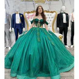 2024 Dark Green Quinceanera Dresses Off Shoulder Lace Appliques Crystal Beads Illusion Ball Gown Guest Dress Sequined Sweep Train Evening Prom Gowns