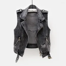 Women's Vests Grey Jean Cowboy Waistcoat Hole Denim Women Vest Female Spring Autumn Sleeveless Wild Tops Short Jacket Girls Ripped