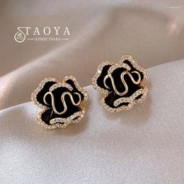 Stud Earrings 2024 Luxury Micro Set Zircon Black Camellia Flower For Womens Korean Fashion Jewelry Party Exquisite Accessories