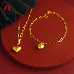 Necklaces 24K Gold Plated Lovers Necklace For Women Simple Polished Heart Pendant Chain OL Commuter Jewelry 999 Pure Golden Color Bracelet