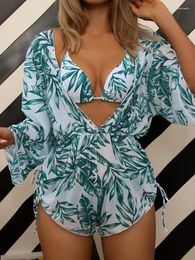 Women's Swimwear 2024 3 Piece Bikini Set High Waist Swimsuit Women Long Sleeve Cover Up Print Halter Beach Wear Sexy Bathing Suit