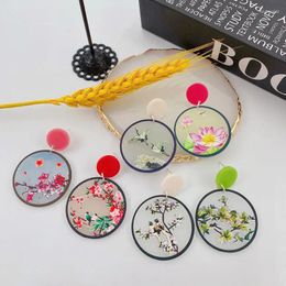 Dangle Earrings Vintage Chinese Style Landscape Painting Fan Gold Colour Drop For Women 2024 Classical Season Pattern Ladies Jewellery