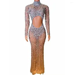 Stage Wear Sexy Brilliant Nightclub Bar Female Singer Full Diamond Mesh Perspective Hollow Long Sleeve Wrapped Hip Model Performance Dress