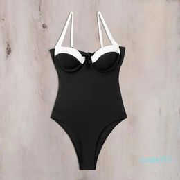 Women's Swimwear Sexy Black White Patchwork Underwire Swimsuit 2024 Women V Wire Push Up Tummy Control One Piece Bathing Suit Bikini