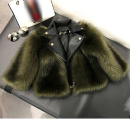 Faux Fox Fur Children Leather Coat Autumn And Winter Motorcycle Girls Fashion Fur Jackets Kids Leather Tops Clothes 240122