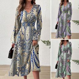 Casual Dresses Printed Long Sleeve Midi Dress Retro Ethnic Style Print V Neck A-line With Lantern Sleeves High Tight For Women