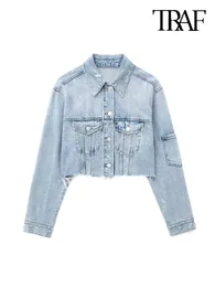 Women's Jackets TRAF Women Fashion Patch Pockets Ripped Denim Cropped Jacket Coat Vintage Long Sleeve Frayed Hems Female Outerwear Chic Tops