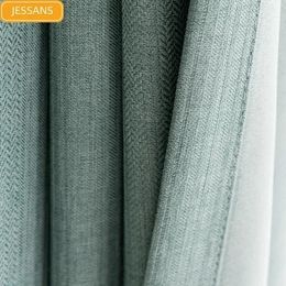 Curtain Light Luxury Green Stripes Solid Color Cotton and Linen Blackout Curtain s for Bedroom Living Room Balcony Customization 240118