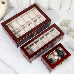 VANSIHO Promotion Dark Red Wooden Watch Case 2 3 4 5 6 10 12 Slots PU Leather Watches Collection Box Display With Lock 240123