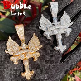 Pendant Necklaces Bubble Letter Iced Out Prong Setting Wing Cross Necklace For Men Real Gold Plated Hip Hop Jewelry