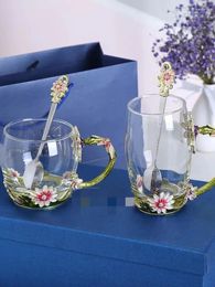 Wine Glasses Enamel Chrysanthemum Tea Cup Home Office Daisy Glass Gift Couple Pair Exquisite