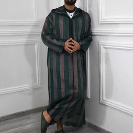 Ethnic Clothing 2024 Men's Islamic Arabian Patchwork Striped Hooded Zipper Muslim Robe Autumn Streetwear Casual Loose