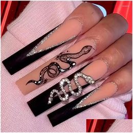False Nails 24Pcs Black Fake Beveled Long French Snake Pattern Wearing Art Finished Fashion Press On Nail Charms Kit Drop Delivery Hea Otjww
