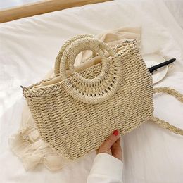 Woven Rattan Tote Bag Round Handle Straw Shoulder Bag Large Beach Handbag Women Summer Weaving Handmade Messenger Crossbody Bags287g