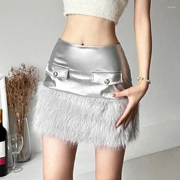 Skirts Winter Fall Fashion Women High Waisted Fur Patchwork Pu Leather Skirt Woman Slim Designer Mini Silver