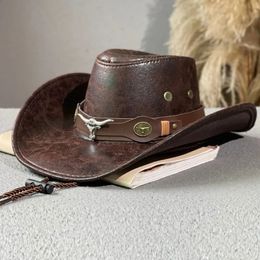 Women Men Faux Leather Western Cowboy Hats Cow Head Decorate Vintage Rider Panama Cowgirl Jazz Cap Sombrero Hombre 240130