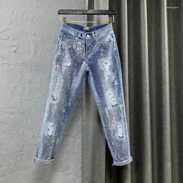 Women's Jeans Large Size Denim Pants Women Harem Trousers 2024 Summer Autumn Embroidery Sequins Light Blue Ripped Holes Femme